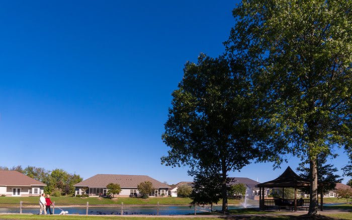 A serene landscape featuring a lake with a fountain, surrounded by trees and houses under a clear blue sky.