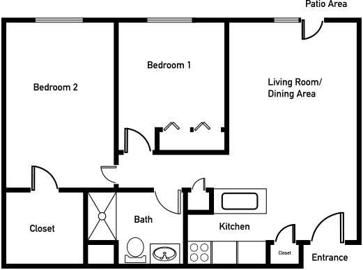 Floor plan of a two-bedroom apartment with a bathroom, kitchen, living room, and dining area.