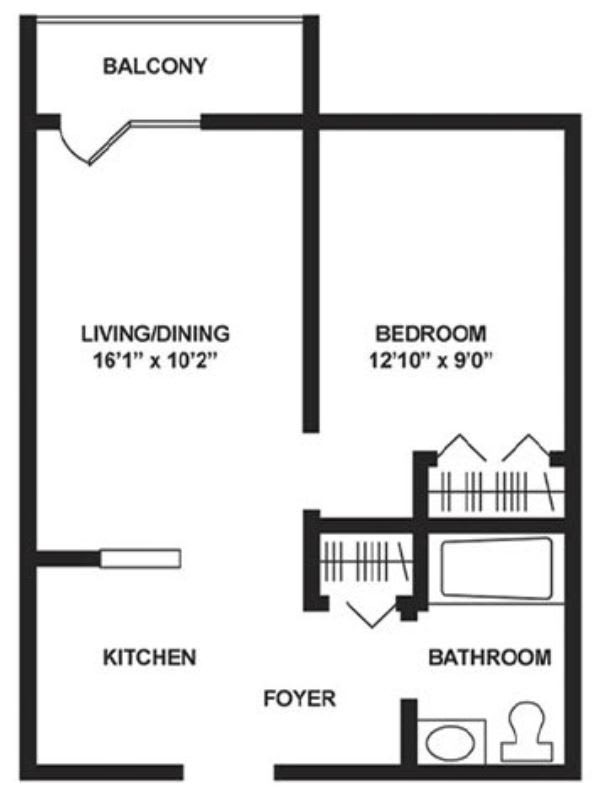 A simple one-bedroom apartment floor plan with living/dining area, kitchen, bathroom, and bedroom.