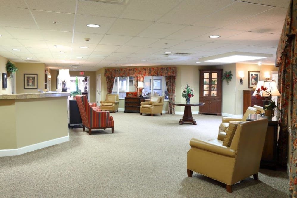 A spacious lobby featuring comfortable seating and elegant decor.