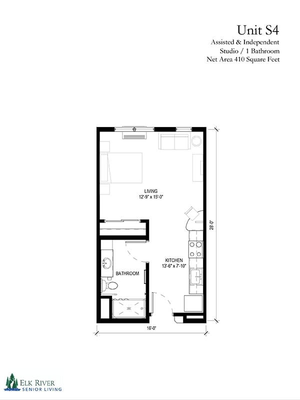 A floor plan of a small apartment featuring a living area, kitchen, and bathroom.