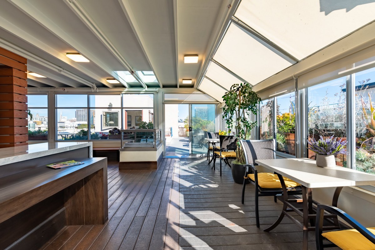 A modern office space with ample natural light and comfortable seating, featuring wooden flooring and greenery.