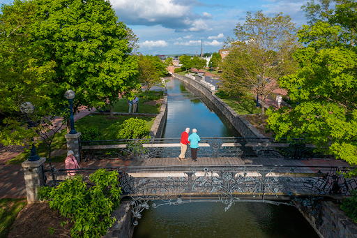 Two individuals enjoying a peaceful moment on a bridge overlooking a serene canal lined with lush greenery.