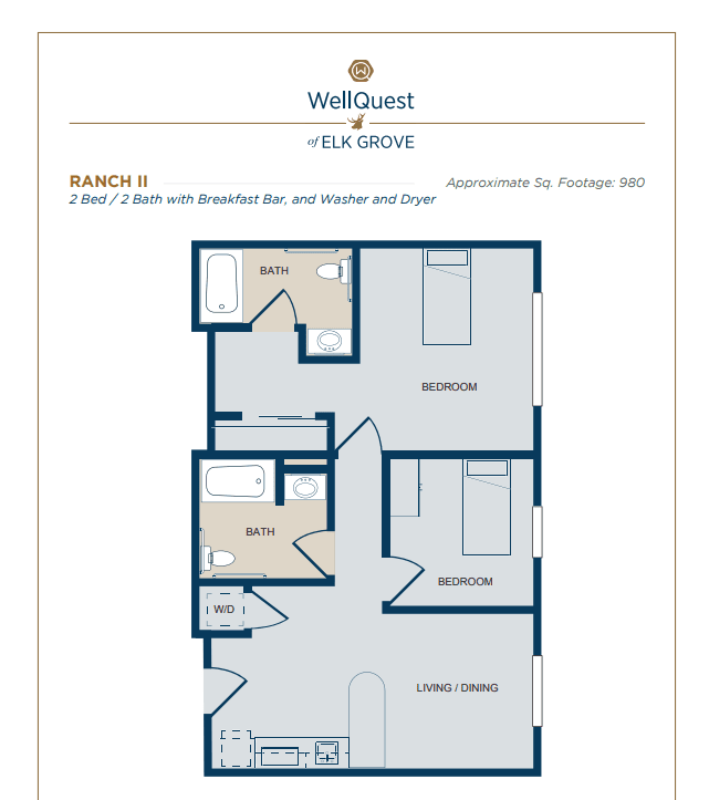 Floor plan for WellQuest at Elk Grove, featuring a one-bedroom unit with kitchen and living area.