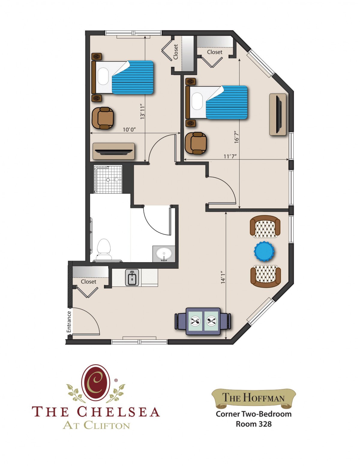 A detailed floor plan of a residential apartment with two bedrooms, a bathroom, and living areas.