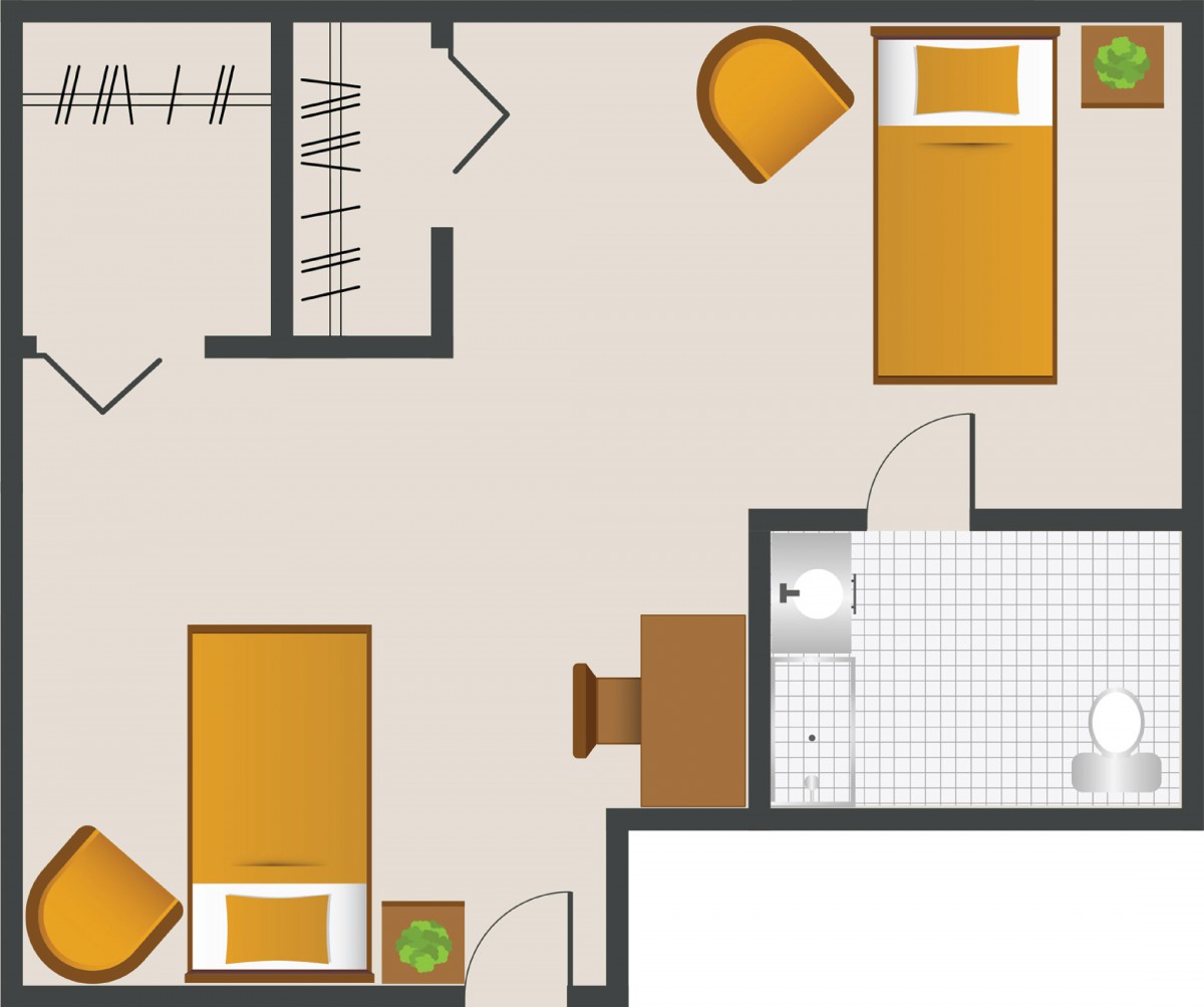A floor plan displaying an apartment layout with two bedrooms, a bathroom, and furniture arrangement.