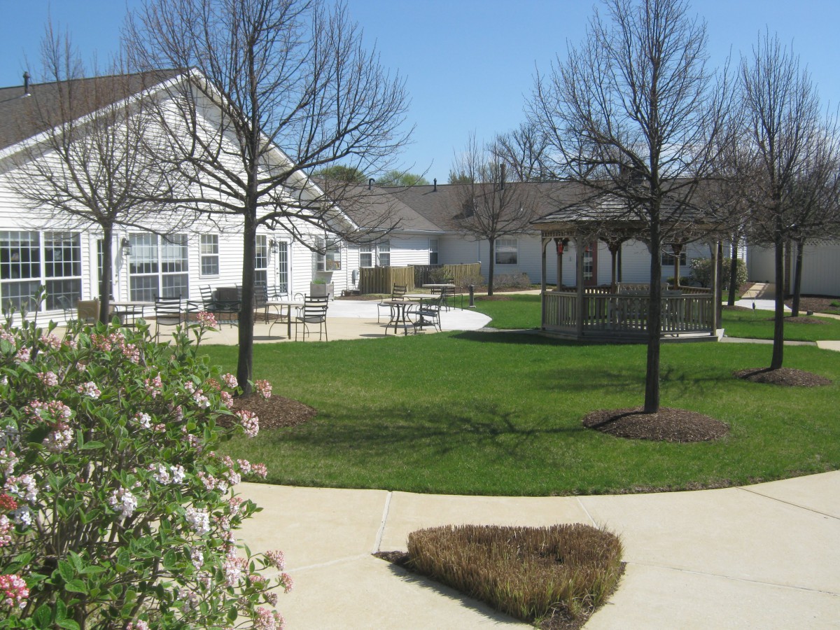 A peaceful residential neighborhood with houses, a green lawn, and bare trees lining the pathway.