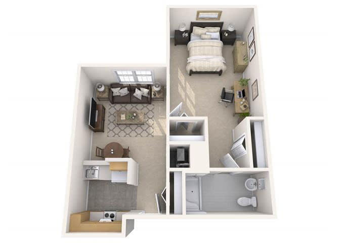 A floor plan of a one-bedroom apartment featuring a living room, kitchen, bathroom, and a bedroom with furniture layout.