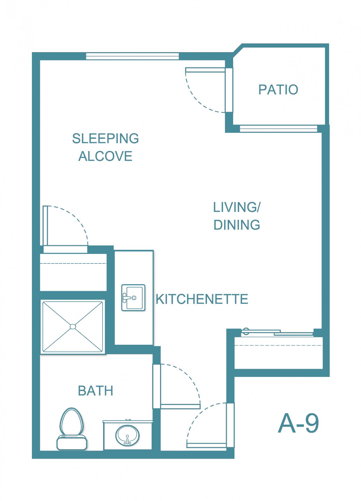 Floor plan of a studio apartment with a kitchenette, living/dining area, sleeping alcove, bathroom, and patio.