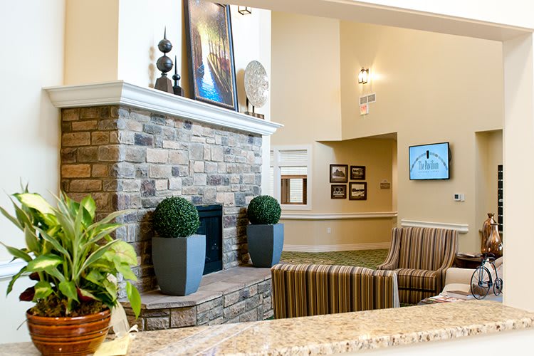 A cozy living room featuring a stone fireplace, comfortable seating, and decorative plants.