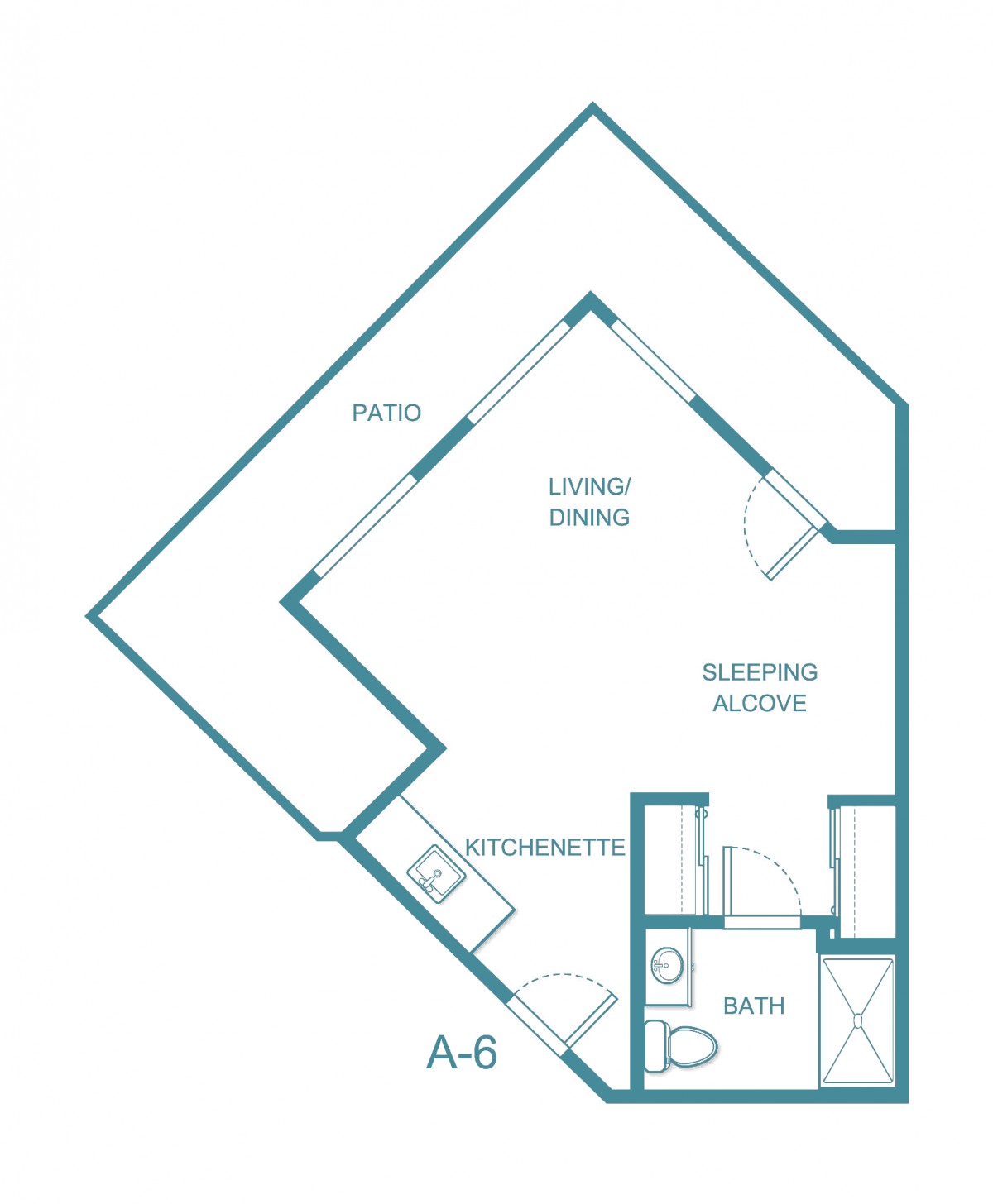 Floor plan of an apartment with a patio, living/dining area, kitchen, and bathroom.