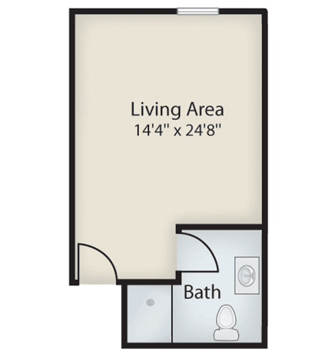 Floor plan of a studio apartment featuring a living area and a bathroom.