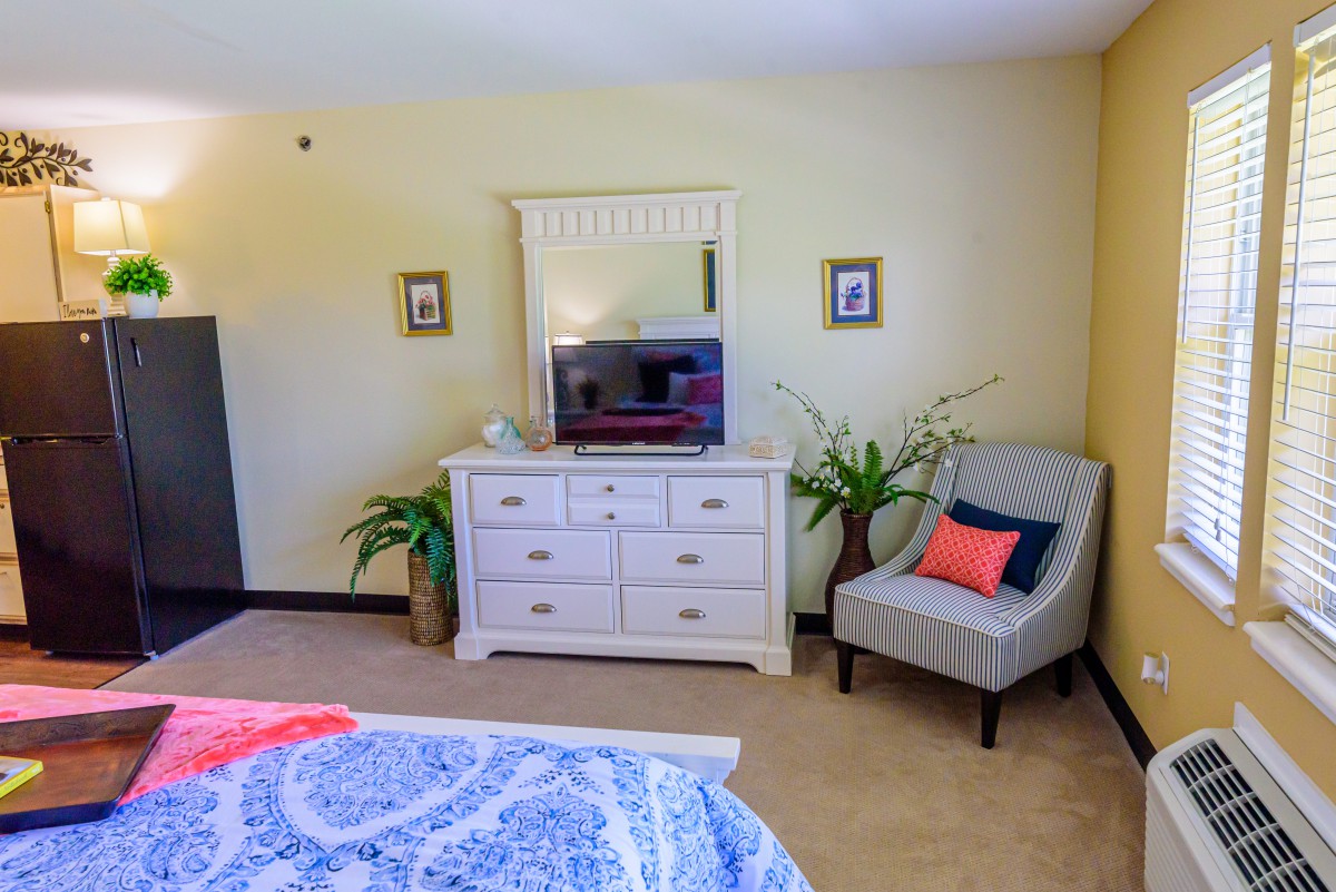 A cozy bedroom with a white dresser, mirror, and TV, accompanied by a comfortable chair and potted plants.