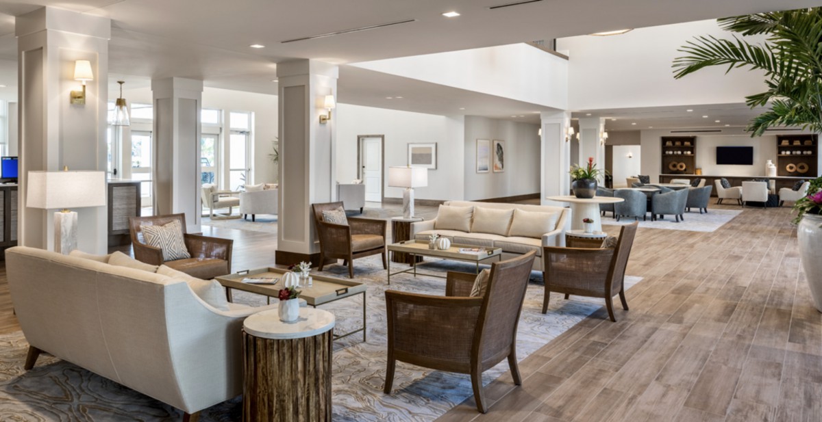 A modern and spacious lobby with comfortable seating and stylish decor.