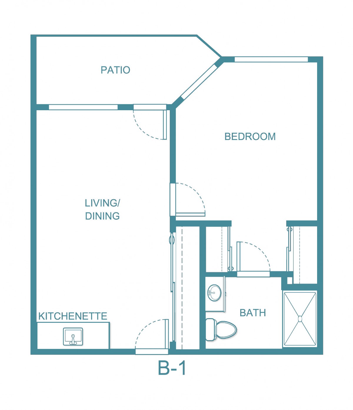 Floor plan of a one-bedroom apartment with a living area, kitchenette, bathroom, and patio.