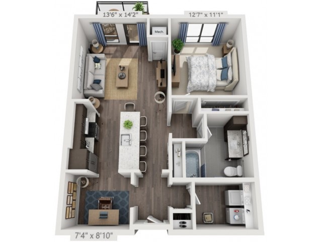 A 3D floor plan of a one-bedroom apartment featuring a living room, kitchen, dining area, bathroom, and bedroom.