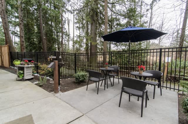 A cozy outdoor patio with tables and chairs, set in a forested area.