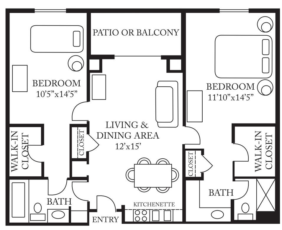 This image shows a floor plan with two bedrooms, a living and dining area, balcony, and bathrooms.
