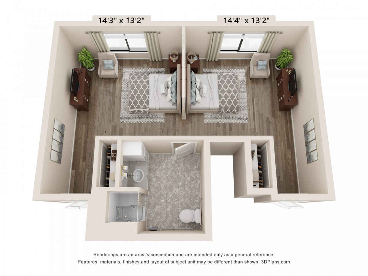 A 3D floor plan of a two-bedroom apartment featuring two identical rooms and a shared bathroom.