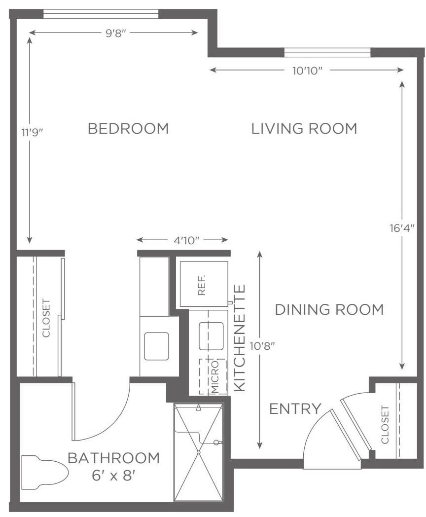 A one-bedroom apartment floor plan with designated areas for living room, dining room, kitchenette, bathroom, and entry.