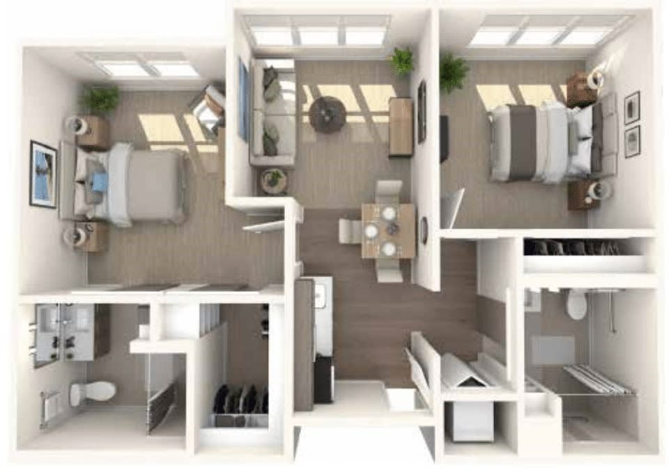 This image shows a two-bedroom apartment floor plan with a living room, kitchen, and bathroom.