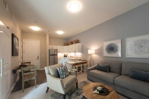 A modern and cozy apartment living room with an open kitchen layout.