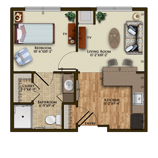 A floor plan of a one-bedroom apartment featuring a living room, kitchen, and bathroom.