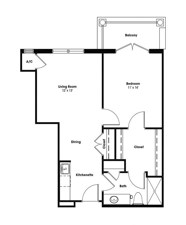 A floor plan depicting a one-bedroom apartment layout with labeled rooms.