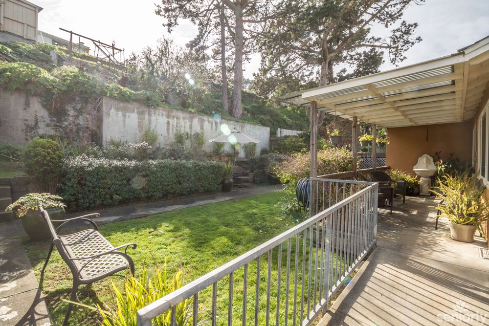 A sunny garden with a bench and lush greenery.