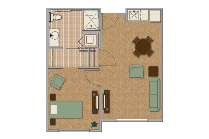 A floor plan of a one-bedroom apartment featuring a living room, kitchen, and bathroom.