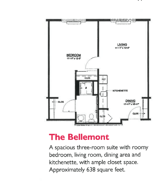The floor plan of The Bellemont, a spacious three-room suite with a bedroom, living room, dining area, and kitchenette.