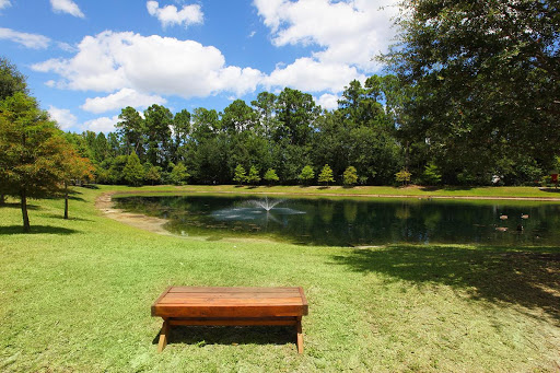 A serene view of a tranquil pond surrounded by lush greenery, featuring a wooden bench inviting visitors to relax and enjoy the scenery.