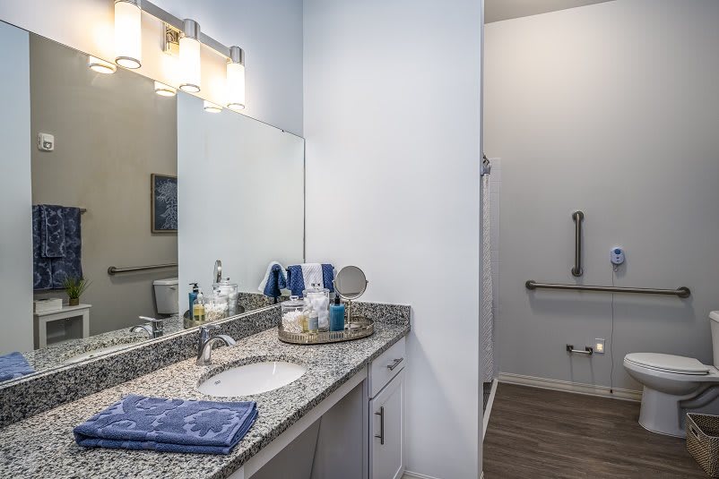 A modern bathroom with a granite countertop and stylish decor.