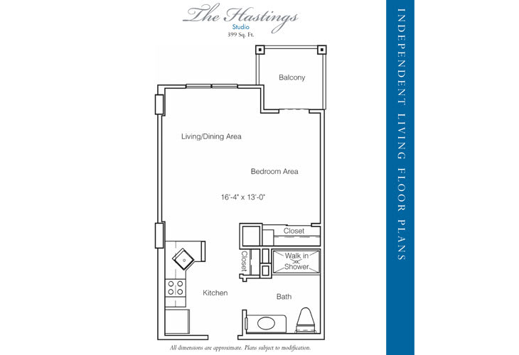 Floor plan of a studio apartment with labeled rooms and dimensions.