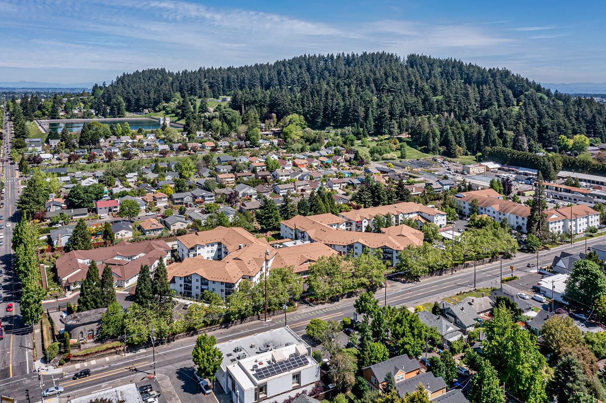Aerial view of a suburban neighborhood surrounded by lush forests.