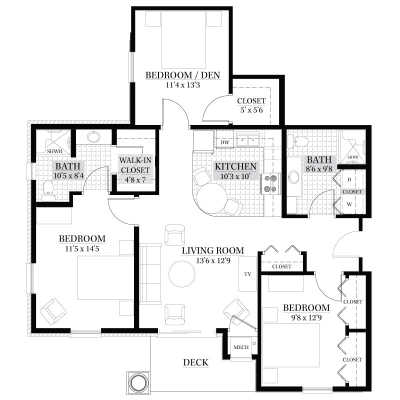 A floor plan of a three-bedroom, two-bathroom apartment with designated living room and kitchen areas.