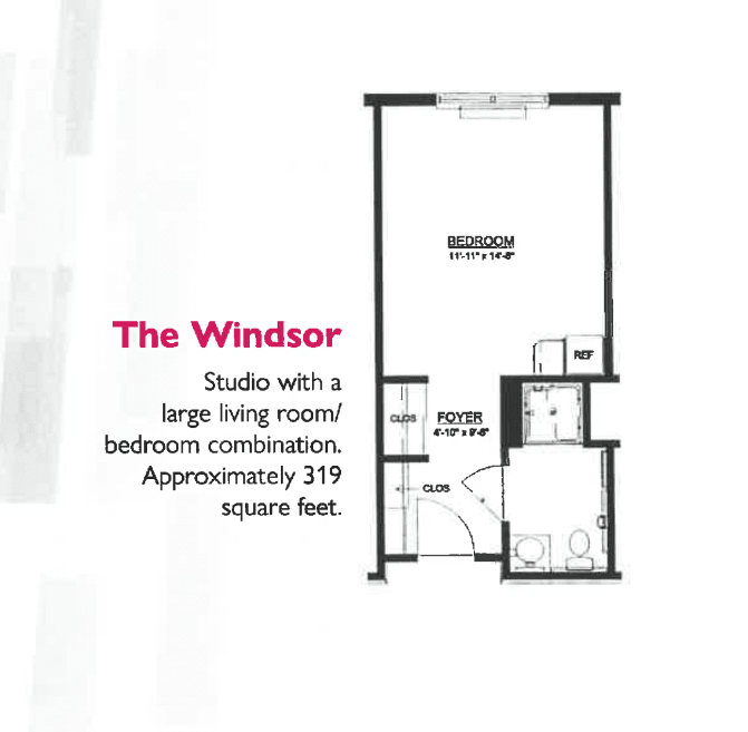 Floor plan of 'The Windsor' studio apartment with a combined living/bedroom area, approximately 319 square feet.