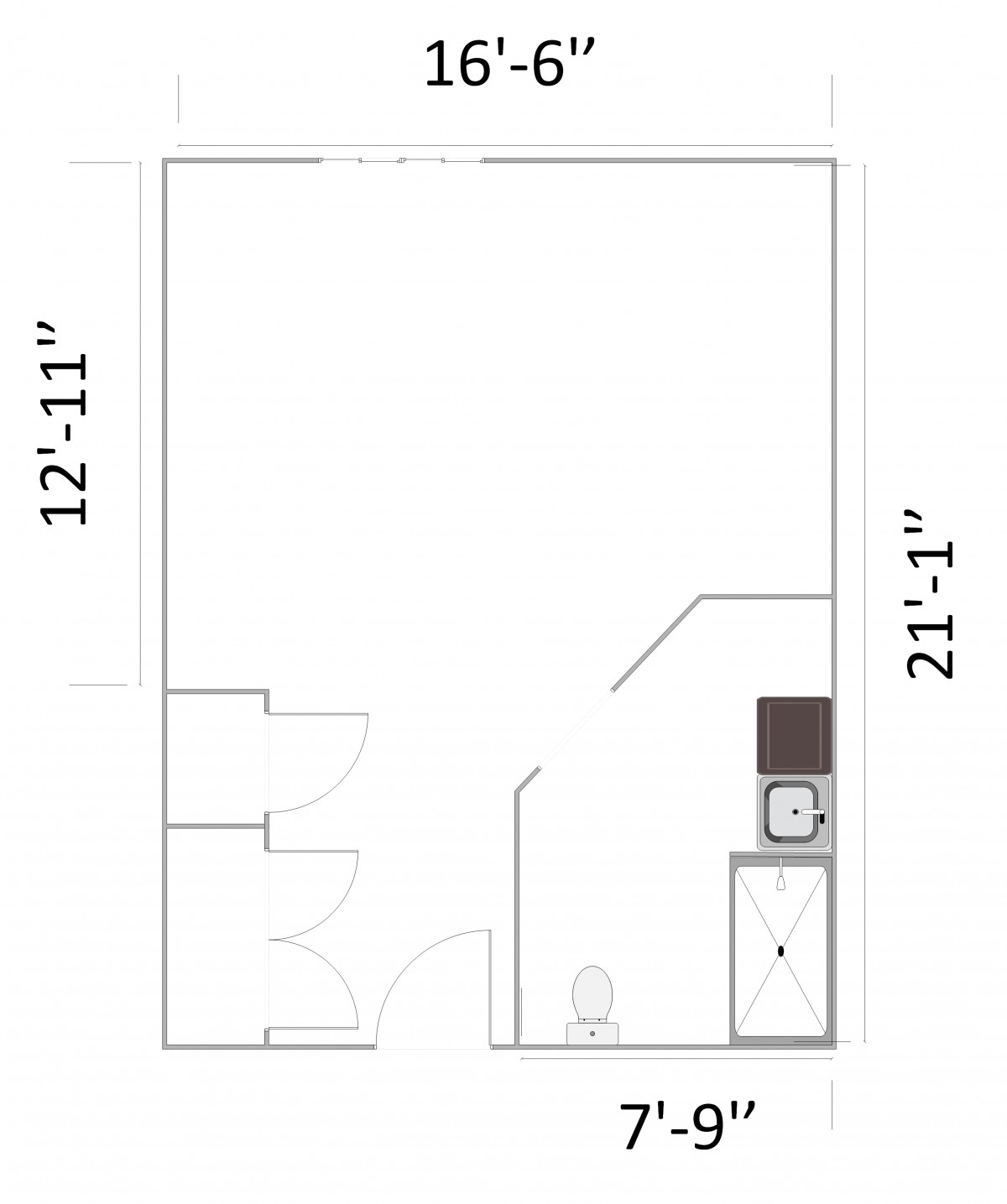 Floor plan of a studio apartment with dimensions 12'-11'' by 21'-1''.