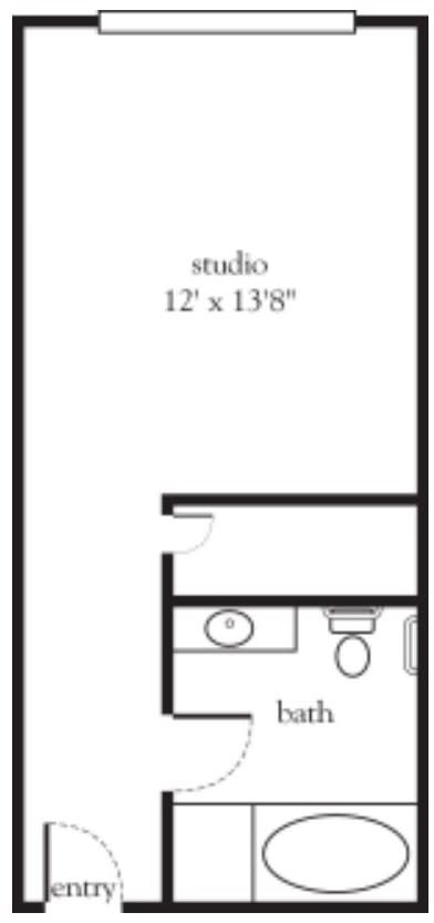 Floor plan of a studio apartment with dimensions.