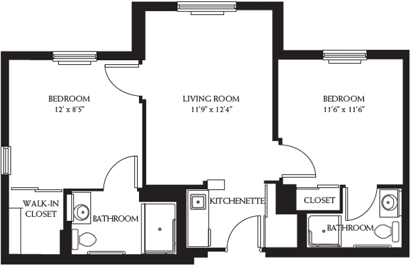 A floor plan showing the layout of an apartment with two bedrooms, a living room, bathroom, kitchenette, and a closet.