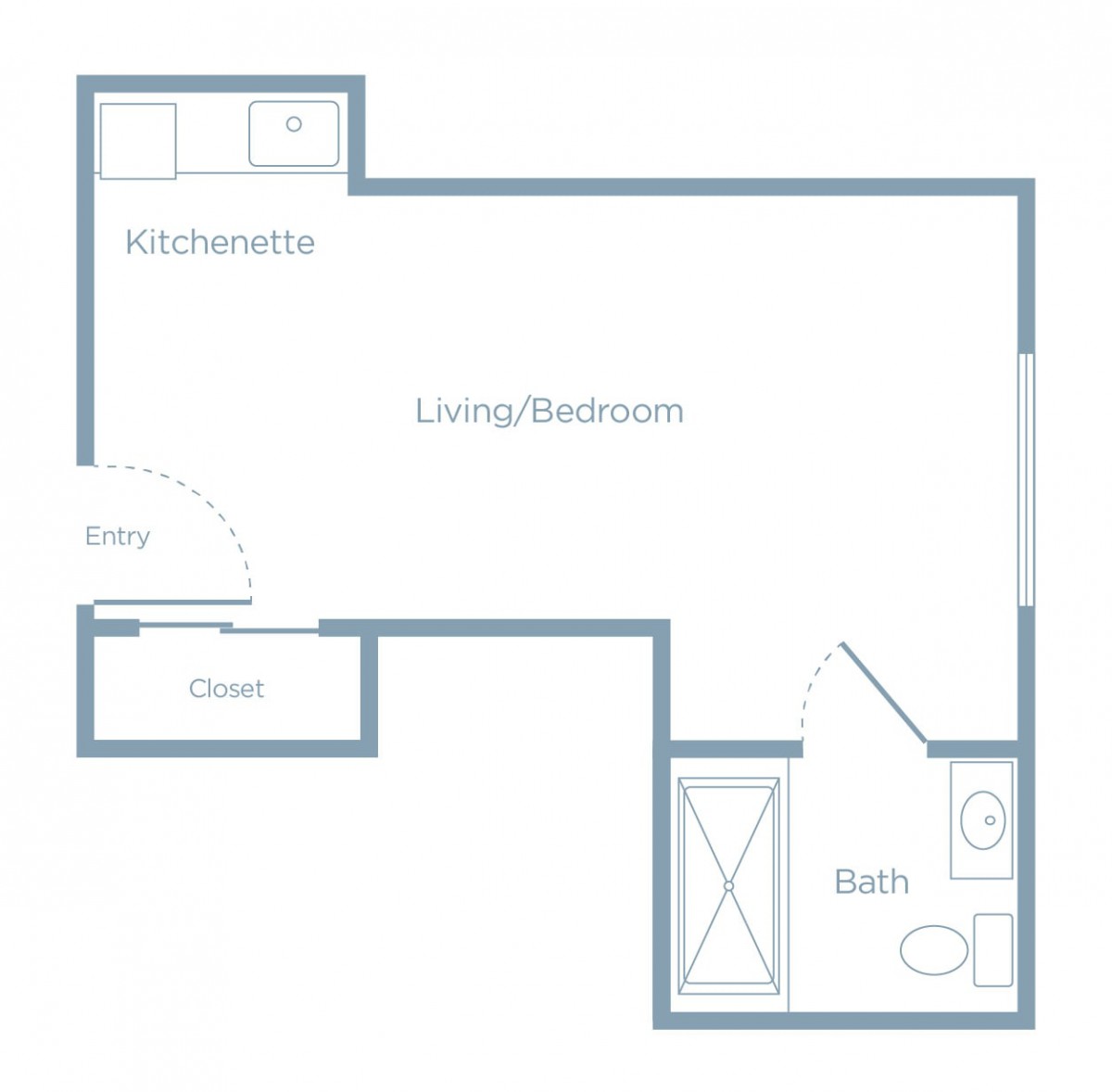 A simple floor plan of a studio apartment featuring a living/sleeping area, kitchenette, bath, and closet.