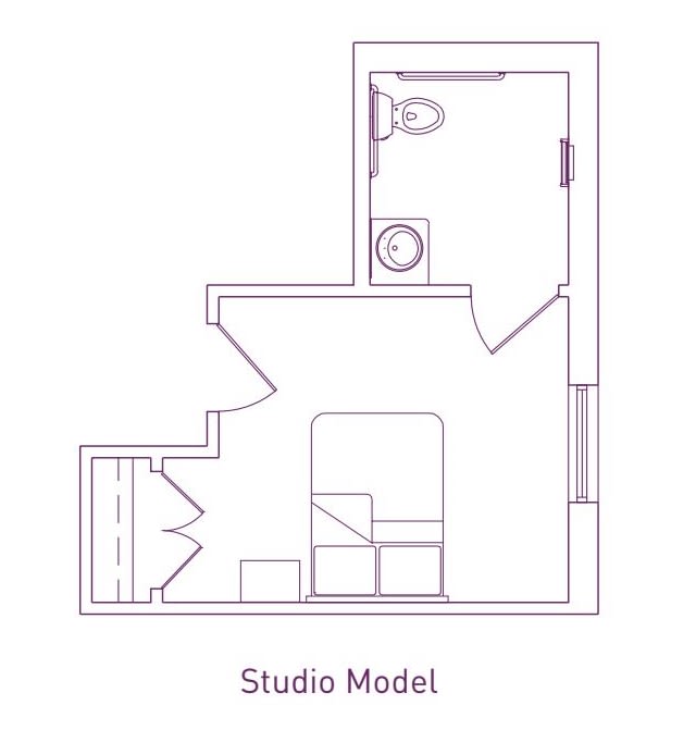 Studio apartment floor plan layout.