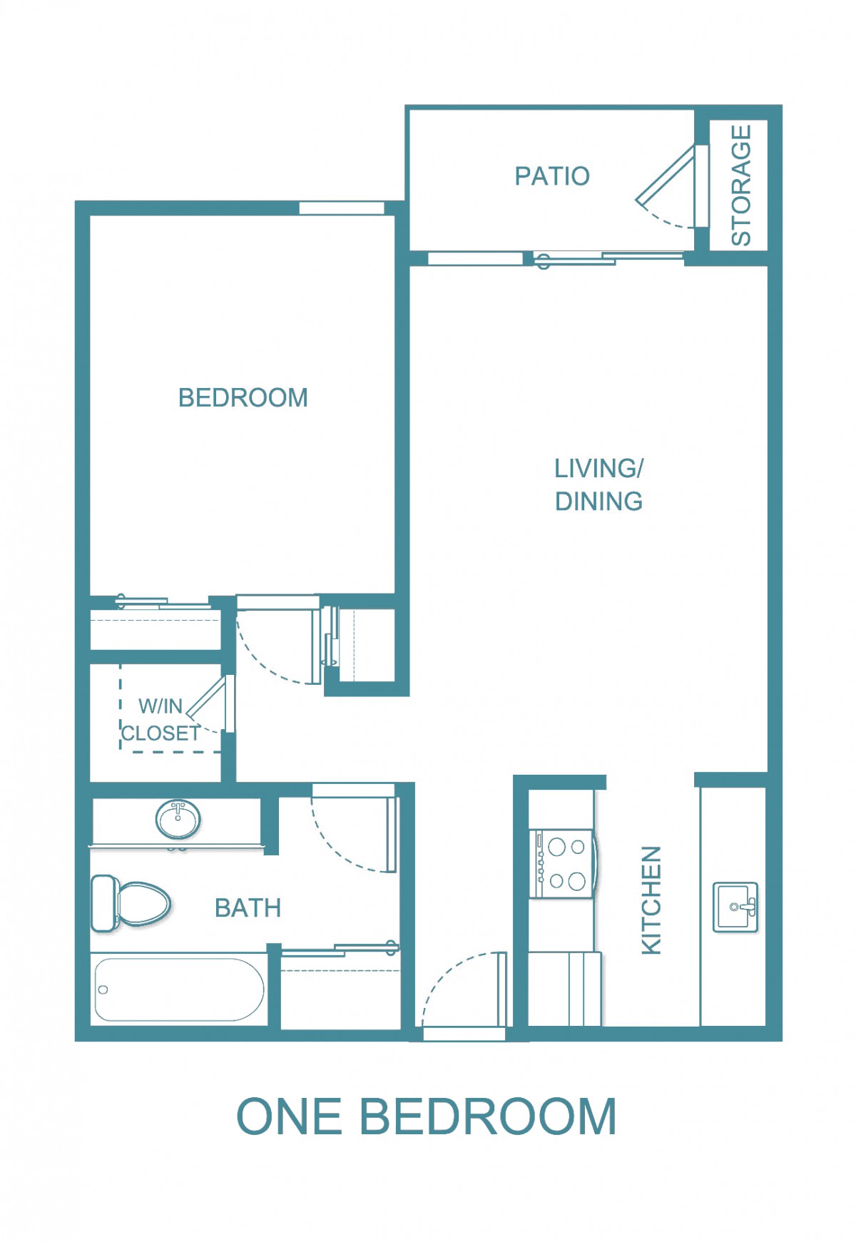 A floor plan showing a one-bedroom apartment layout with a living/dining area, kitchen, and bathroom.