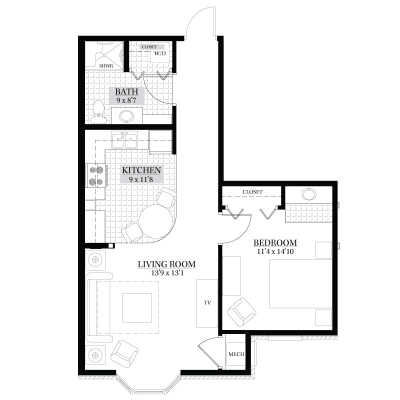 A detailed floor plan layout of an apartment, displaying the arrangement of rooms and spaces.