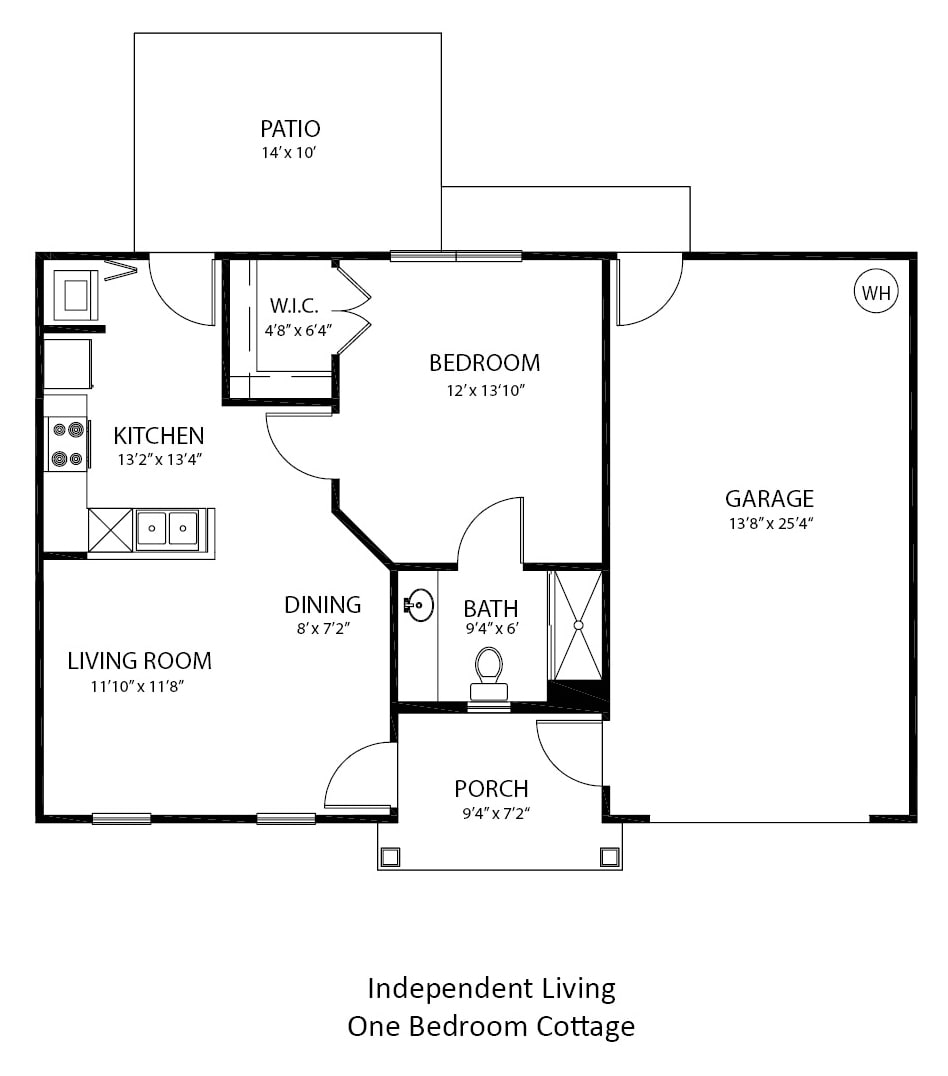 Floor plan of an independent living space featuring one bedroom, a bathroom, kitchen, living room, dining area, garage, and patio.