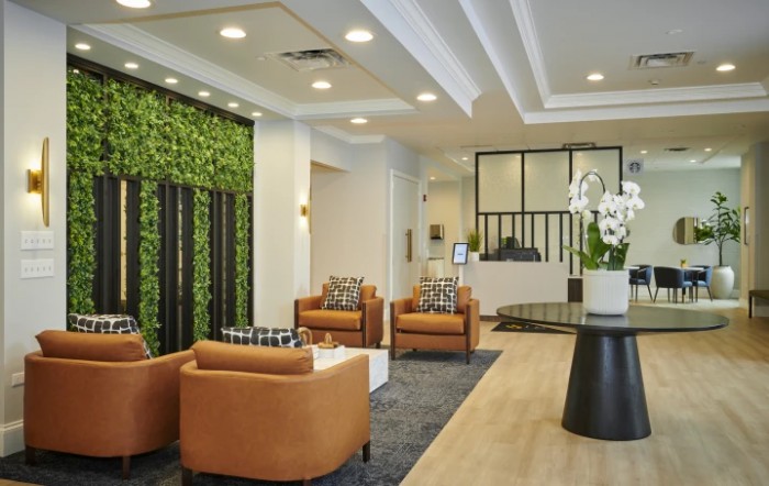 A modern lobby with comfortable seating, a green wall, and a welcoming reception desk.