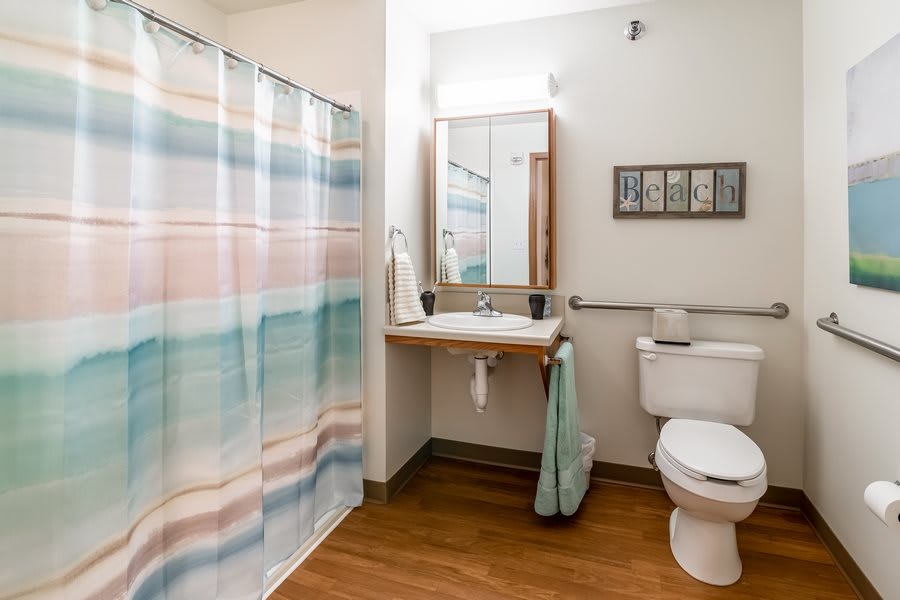 A clean and modern bathroom with a colorful shower curtain, wooden flooring, and a well-organized sink area.
