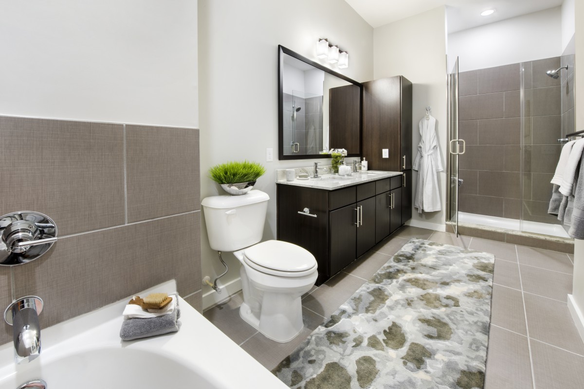 A modern bathroom featuring a sleek vanity, toilet, and walk-in shower with stylish decor.