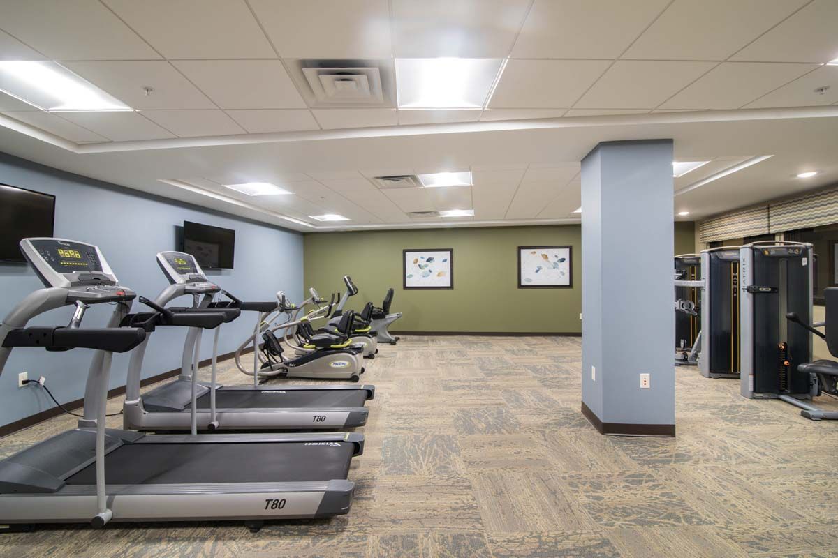 A modern fitness center with treadmills and exercise equipment.