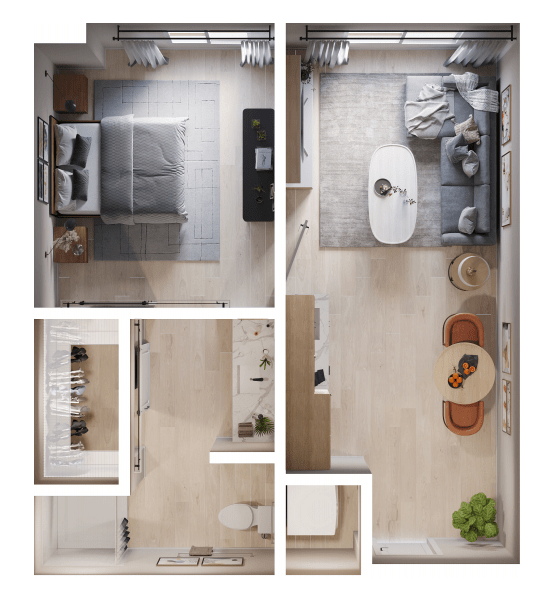 A detailed floor plan of a modern apartment featuring a bedroom, kitchen, and bathroom.